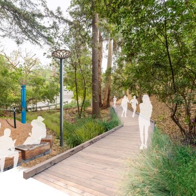 Rendered view of forest boardwalk and rest/exercise nook with benches and exercise equipment.