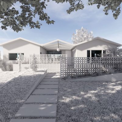Exterior street view of modern house renovation, with mid-century breeze block screen walls, contemporary board-formed concrete planters, and filtered light streaming through the angular front porch trellis.