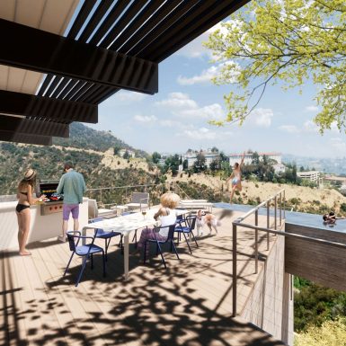 Exterior view of the wood pool deck and barbecue, with a board-formed concrete pool cantilevered out over the skyline beyond.