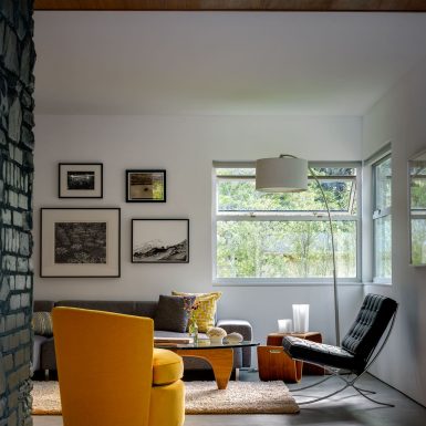 Ranch Redux - Interior view of cozy living room. Photograph by Trevor Tondro.